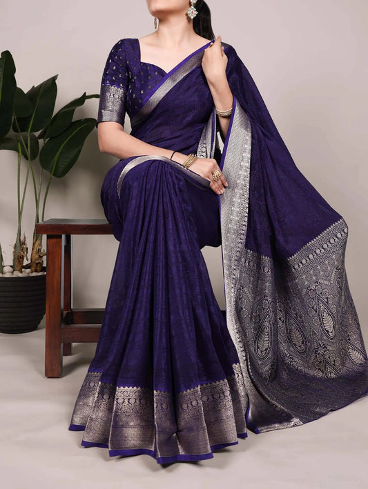 Dark Purple Chinon Printed  With Zari Weaving Work Saree