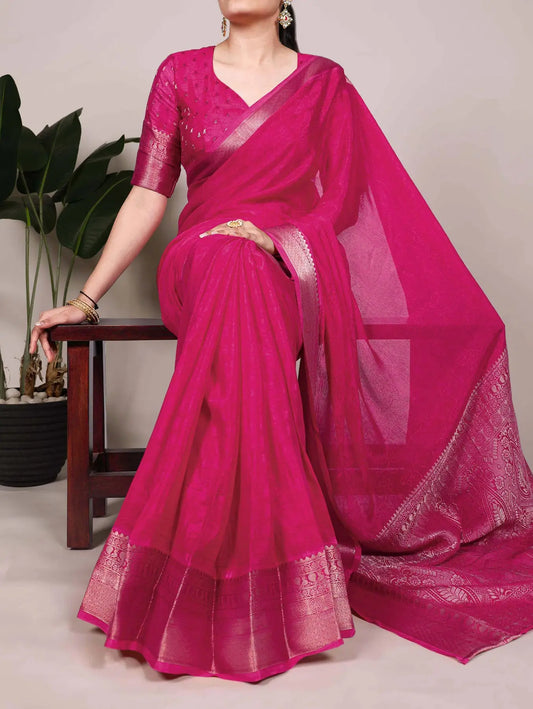 Rani Pink Chinon Printed  With Zari Weaving Work Saree