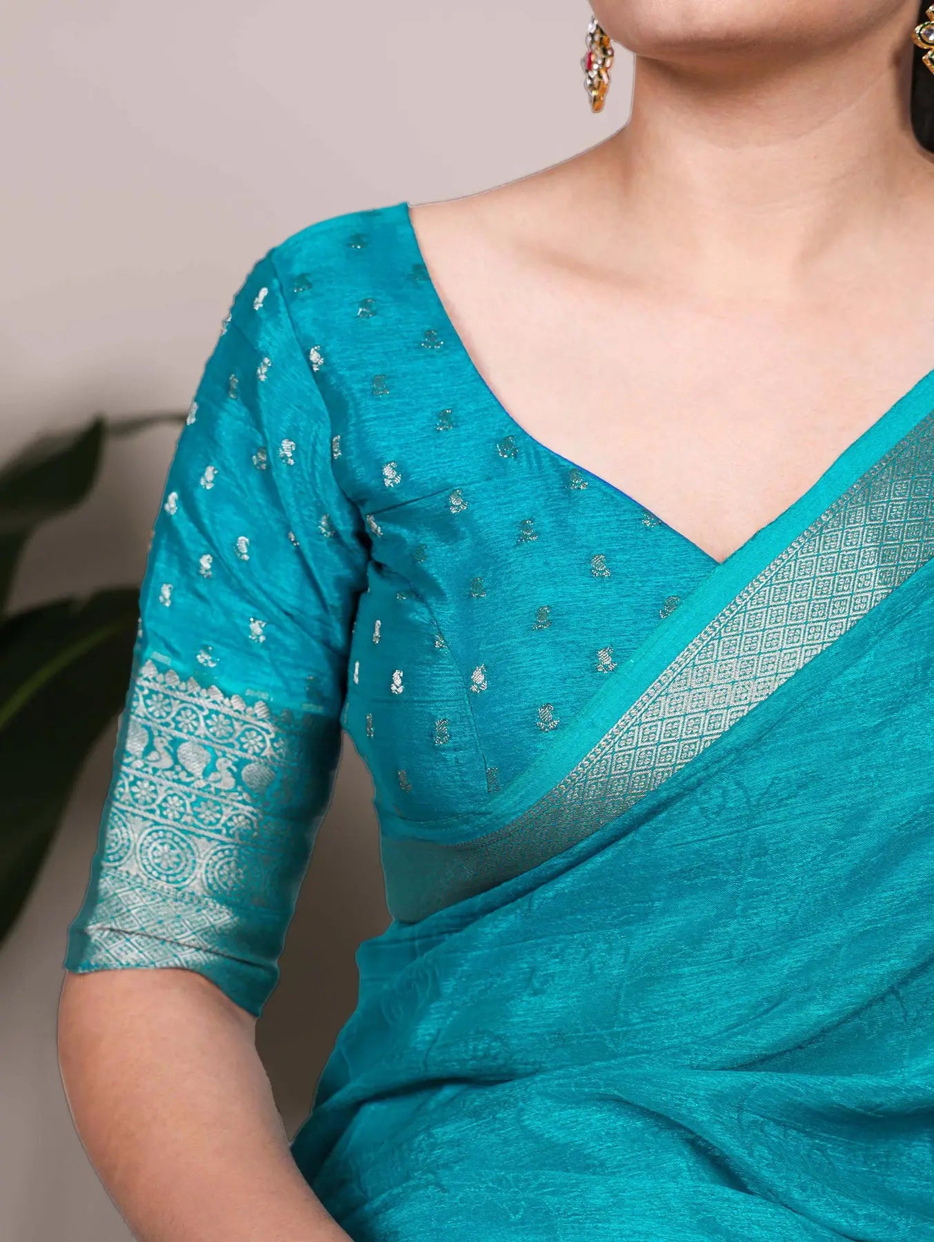 Blue Chinon Printed  With Zari Weaving Work Saree