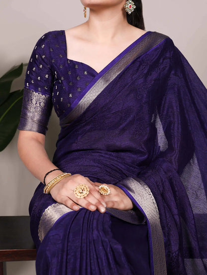 Dark Purple Chinon Printed  With Zari Weaving Work Saree