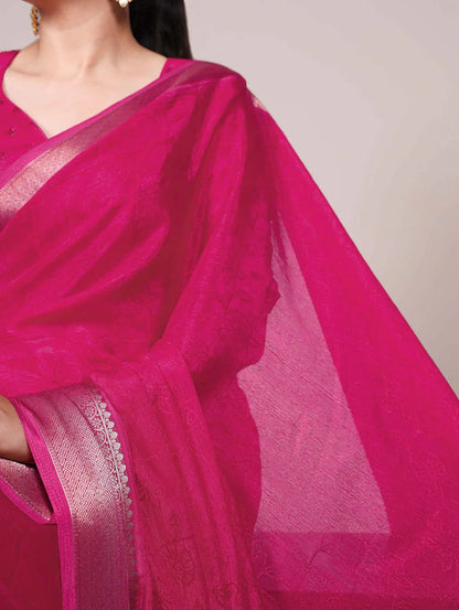 Rani Pink Chinon Printed  With Zari Weaving Work Saree