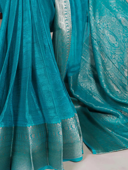 Blue Chinon Printed  With Zari Weaving Work Saree