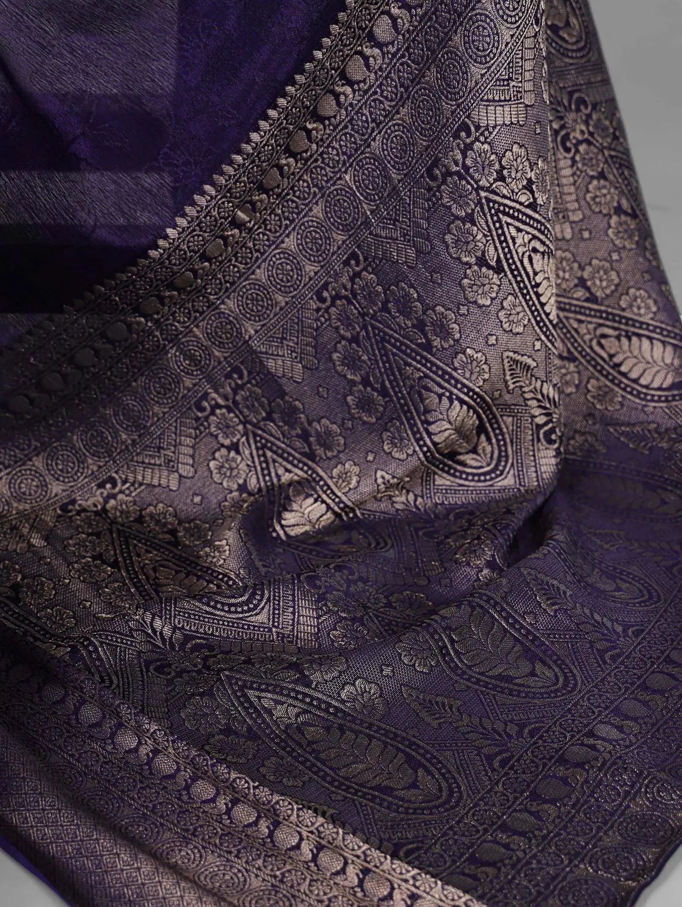 Dark Purple Chinon Printed  With Zari Weaving Work Saree