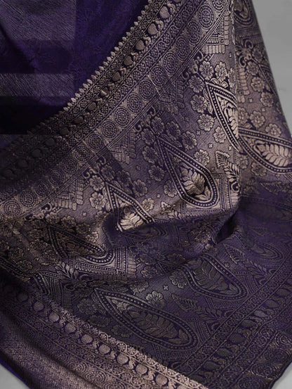 Dark Purple Chinon Printed  With Zari Weaving Work Saree