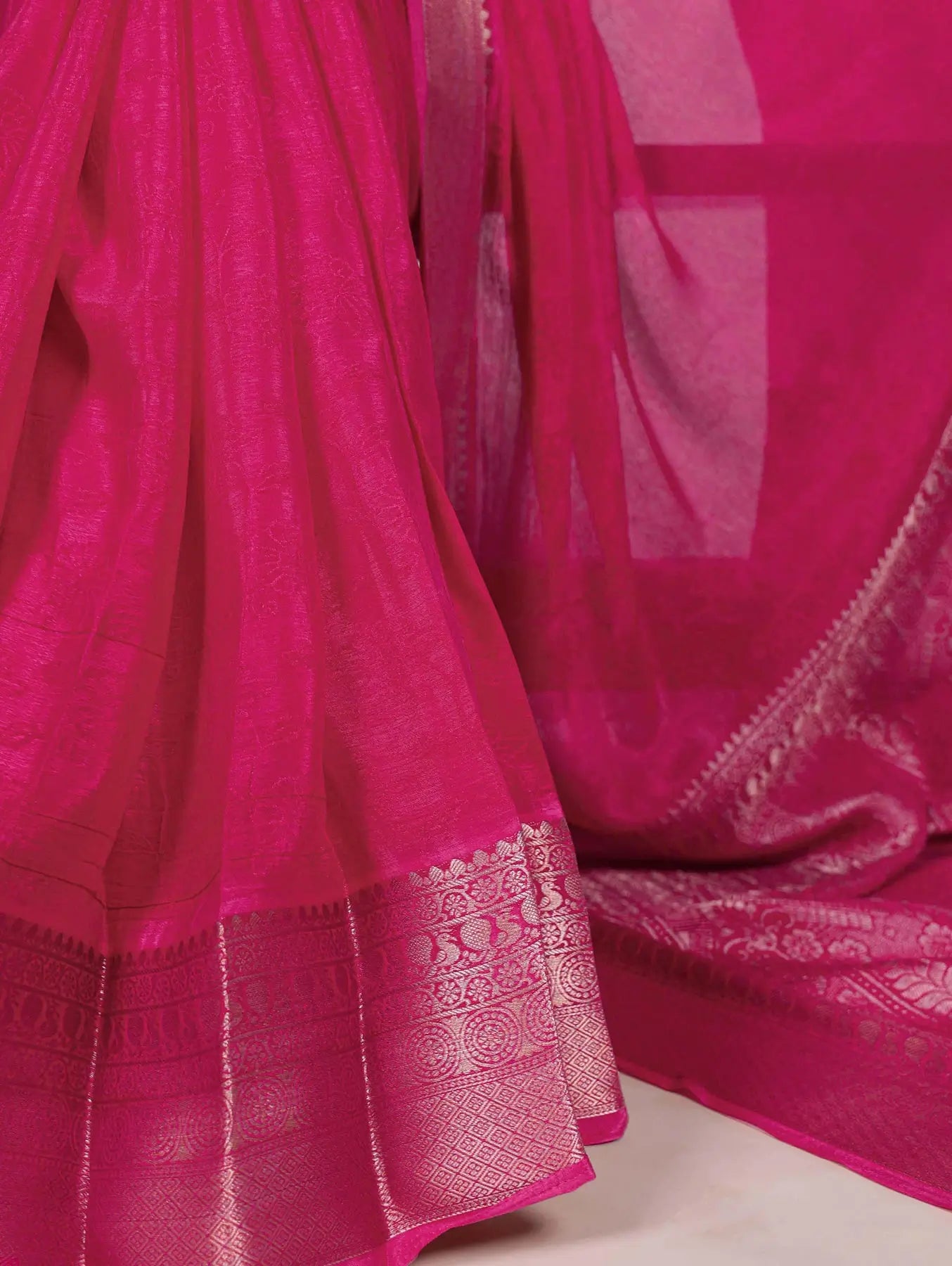 Rani Pink Chinon Printed  With Zari Weaving Work Saree