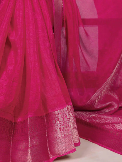 Rani Pink Chinon Printed  With Zari Weaving Work Saree