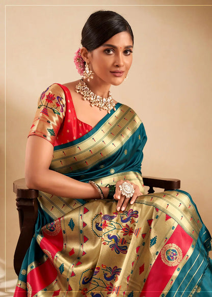 Teal Blue Paithani Silk Saree with Zari Weaving & Rich Pallu