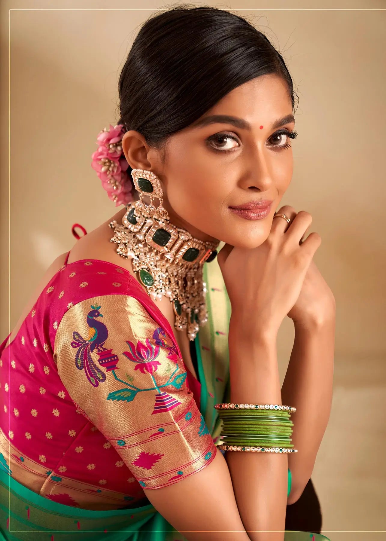 Green Paithani Silk Saree with Zari Weaving & Rich Pallu