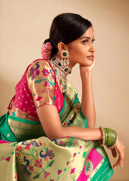Green Paithani Silk Saree with Zari Weaving & Rich Pallu