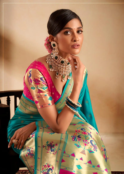 Aqua Blue Paithani Silk Saree with Zari Weaving & Rich Pallu