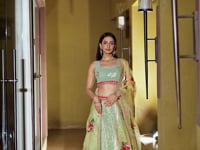 Pista Yellow Georgette Lehenga With Thread Zari Sequins Embroidery Work With Digital print