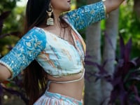 Designer Sea Blue Lehenga With Sequins Zari Embroidery Work With Digital Print