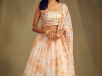 White Floral Print Organza Lehenga With Sequins Work