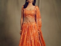 Orange Floral Print Organza Lehenga With Sequins Work