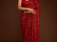 Ruby Red Georgette Saree with Thread And Multiple Sequins Embroidery Work