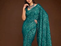 Teal Blue Georgette with Thread And Multiple Sequins Embroidery Work
