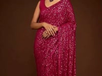 Hot Pink Georgette Saree with Thread And Multiple Sequins Embroidery Work