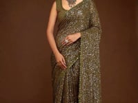 Olive Green Georgette with Thread And Multiple Sequins Embroidery Work