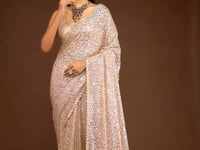 Ancient Ivory Georgette Saree with Thread And Multiple Sequins Embroidery Work