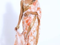 White Floral Print Organza Saree With Sequins Work