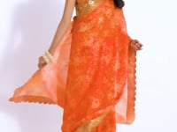 Orange Floral Print Organza Saree With Sequins Work
