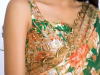 Green Floral Print Organza Saree With Sequins Work
