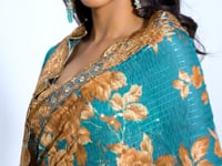 Teal Blue Floral Print Organza Saree With Sequins Work