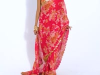 Red Floral Print Organza Saree With Sequins Work