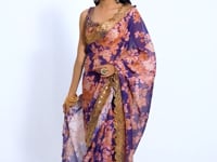 Purple Floral Print Organza Saree With Sequins Work