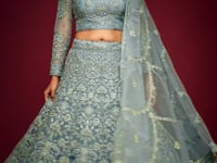 Ocean Aqua Soft Net Lehenga With Thread Zari Badla And Glitter Dori Embroidery Work