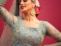 Ocean Aqua Thread Zari Badla And Glitter Dori Embroidery Work Soft Net Lehenga Choli