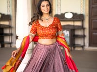 Onion Pink Tussar Silk Lehenga Choli with Kashmiri Print & Foil Work