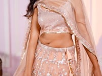 Peach Soft Net Lehenga With Sequins Thread Badla Zari Embroidery Work