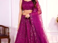 Wine Soft Net Lehenga With Sequins And Thread Embroidered Work