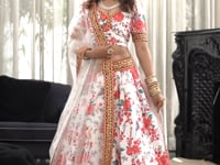 White Red Art Silk Lehenga With Digital Floral Print With Dori Sequins And Stone Work