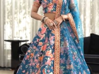 Teal Blue Art Silk Lehenga With Digital Floral Print With Dori Sequins And Stone Work