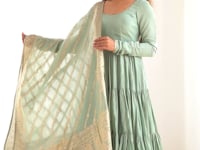 Pista Silk Gown With Jacquard Banarasi Dupatta