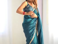 Teal Blue Gold Crush Tissue Pre Draped Ready To Wear Saree