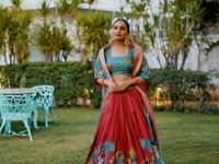 Dusty Red dola Silk Kalamkari Printed Lehenga Choli