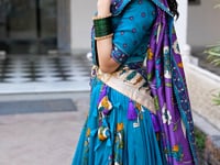 Sea Blue Tussar Silk Lehenga Choli With Kalamkari Print & Foil Work
