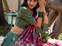 Olive Green Tussar Silk Lehenga Choli With Kalamkari Print & Foil Work