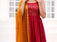 Red Georgette Palazzo Salwar Suit With Thread And Sequins Embroidered Work