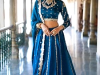 Teal Blue Vichitra Silk Lehenga Choli With Sequins and Thread Embroidery