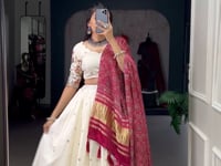 Pearl White Khadi Cotton Embroidery Lehenga Choli With Gaji Silk Dupatta