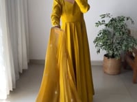 Mustard Yellow Silk Anarkali Gown With Georgette Embroidery Work Dupatta