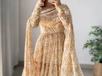 Brownish Yellow Georgette Zigzag Print Three Layered Gown With Dupatta