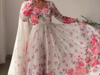 White Organza Pink Rose Floral Print Gown With Dupatta