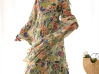 Spanish Green Georgette Floral Print Balloon Sleeve Maxi Gown