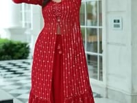 Red Georgette Indo western Set With Thread & Sequence Embroidery Work