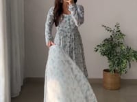 Light Sky Blue Chiffon Anarkali Gown With Colorful Floral Print With Dupatta